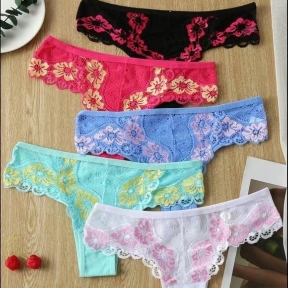 5pc Lace Embroidered Thong Panties Set